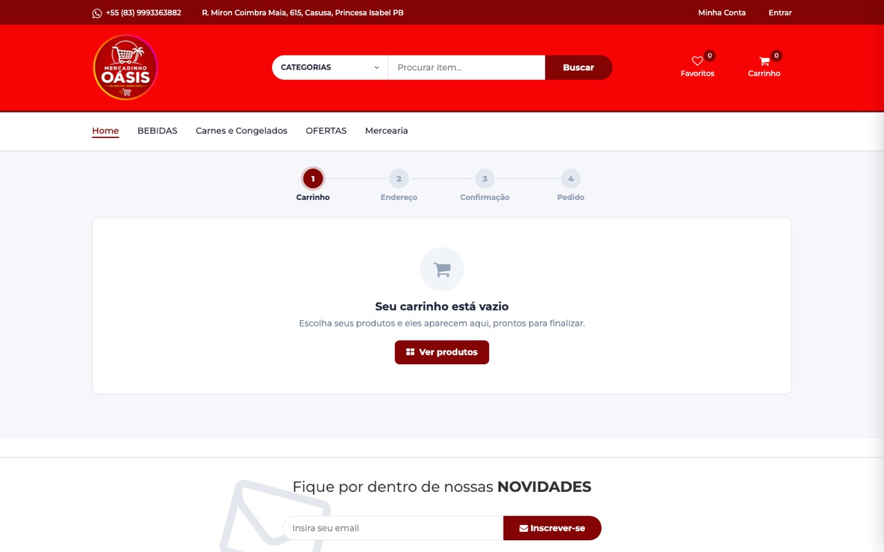 Carrinho com as etapas Carrinho, Endereço, Confirmação e Pedido no topo