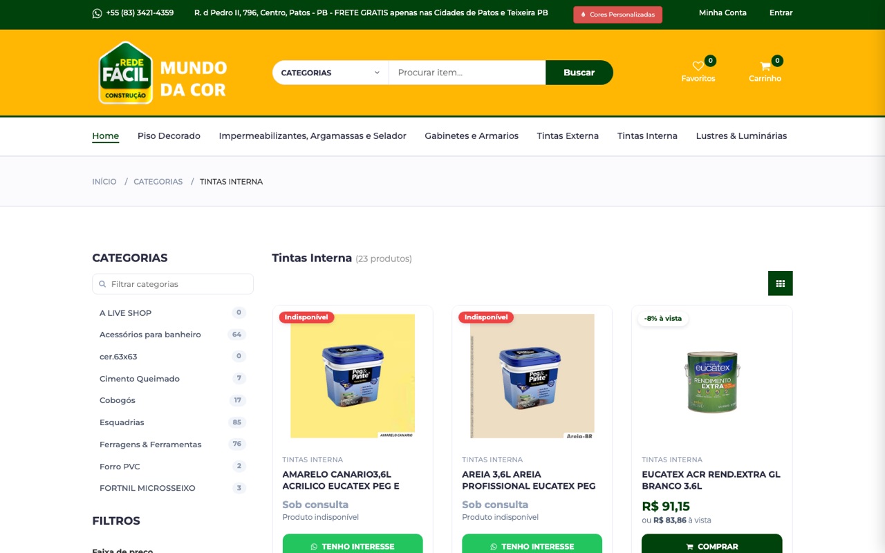 Página de categoria com lista de categorias, filtros de preço e disponibilidade e produtos em grade