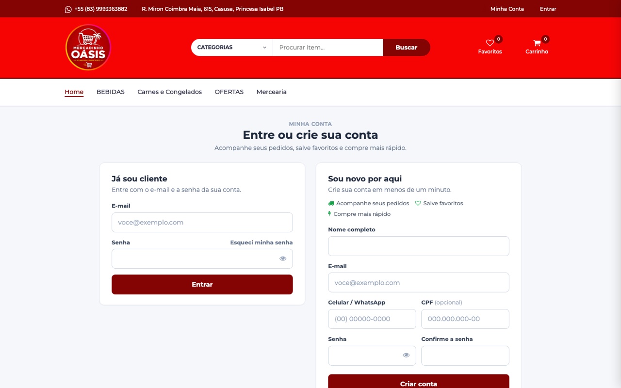 Tela de entrar ou criar conta, com formulário de login e cadastro lado a lado