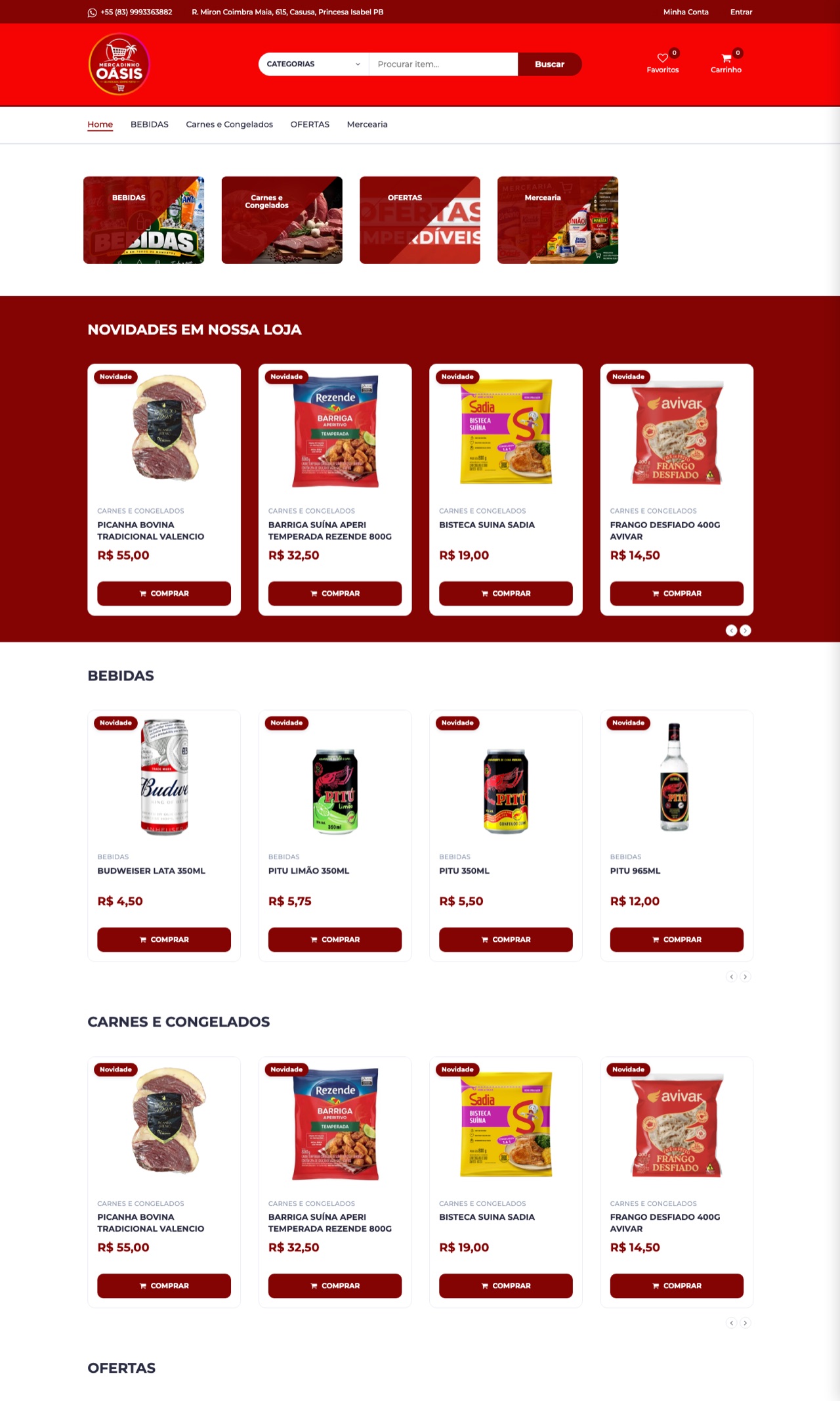 Página inicial completa do Mercadinho Oásis com vitrines de novidades, bebidas e carnes