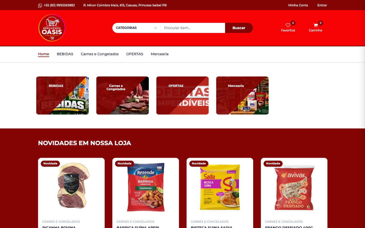 Página inicial do Mercadinho Oásis, em vermelho, com categorias Bebidas, Carnes e Congelados, Ofertas e Mercearia