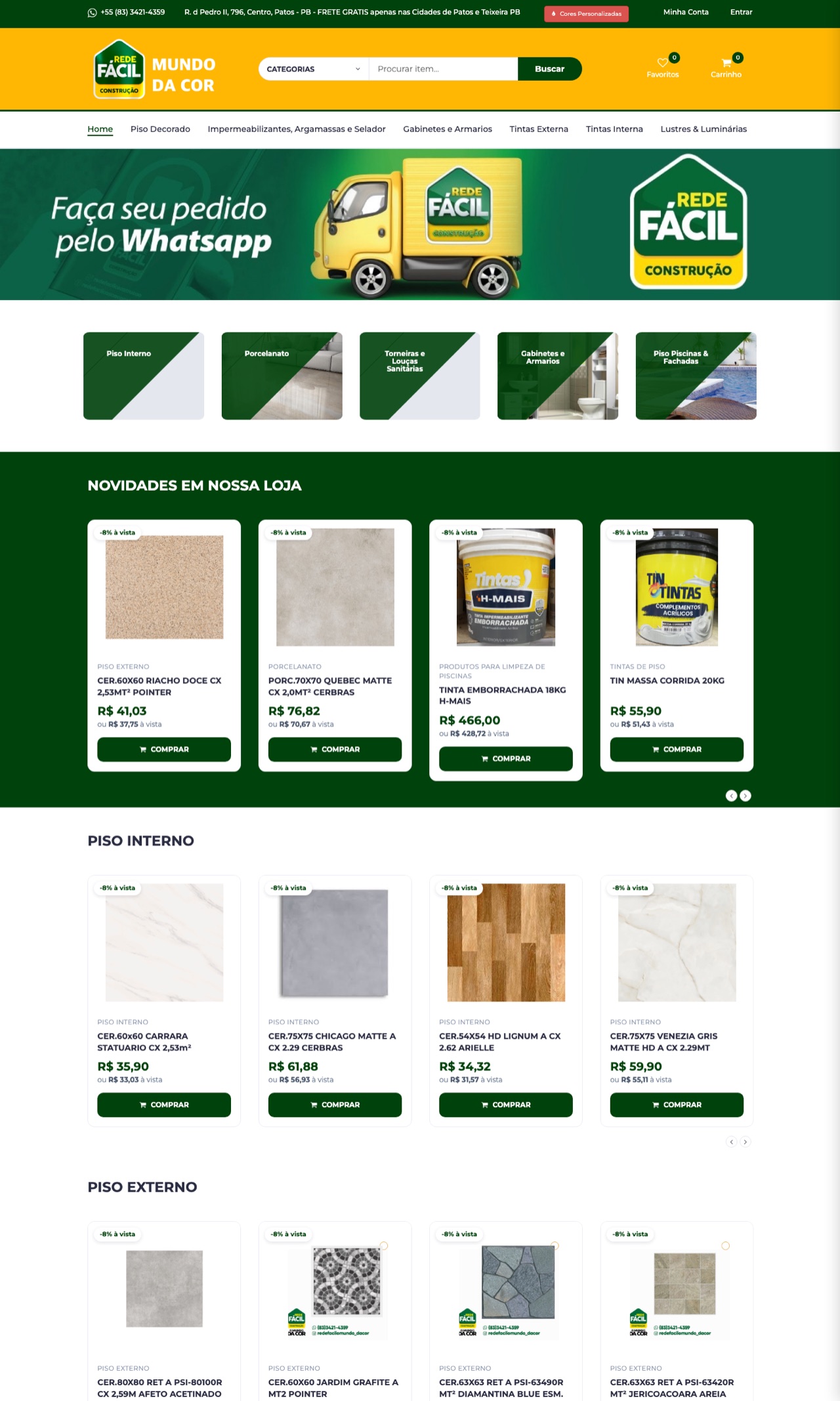 Página inicial da loja Rede Fácil Mundo da Cor, em verde e amarelo, com banner, categorias e vitrine de produtos