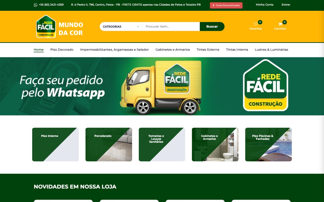 Página inicial da Rede Fácil Mundo da Cor, em verde e amarelo, com banner de pedidos pelo WhatsApp e categorias de piso e tintas