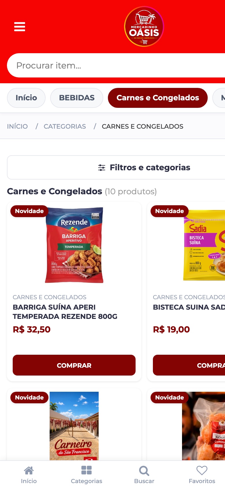 Página de categoria do Mercadinho Oásis no celular