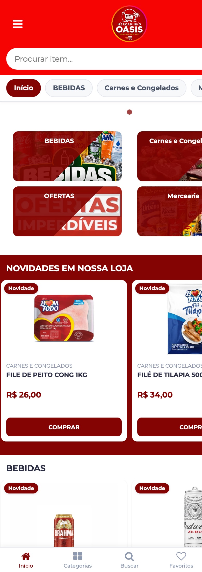 Versão para celular da loja Mercadinho Oásis, em vermelho, com busca, categorias e produtos