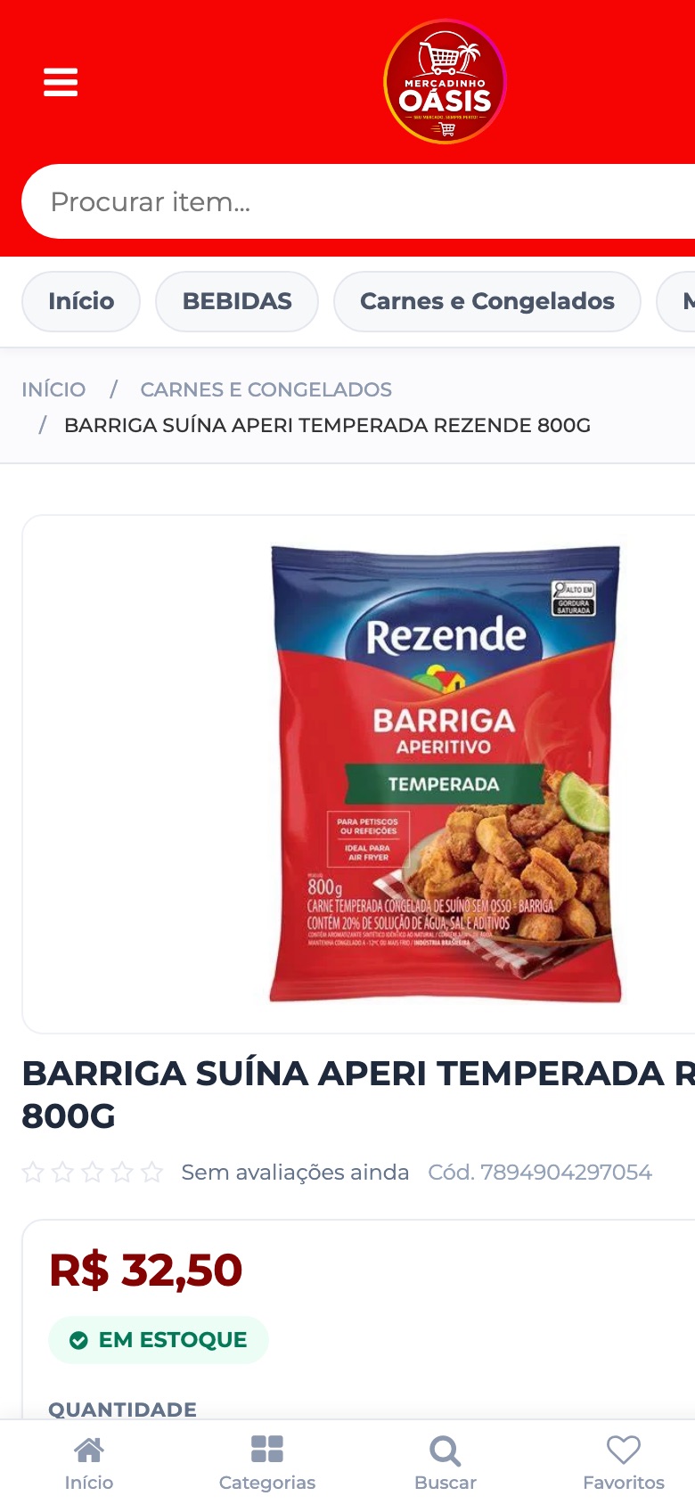 Página de produto do Mercadinho Oásis no celular