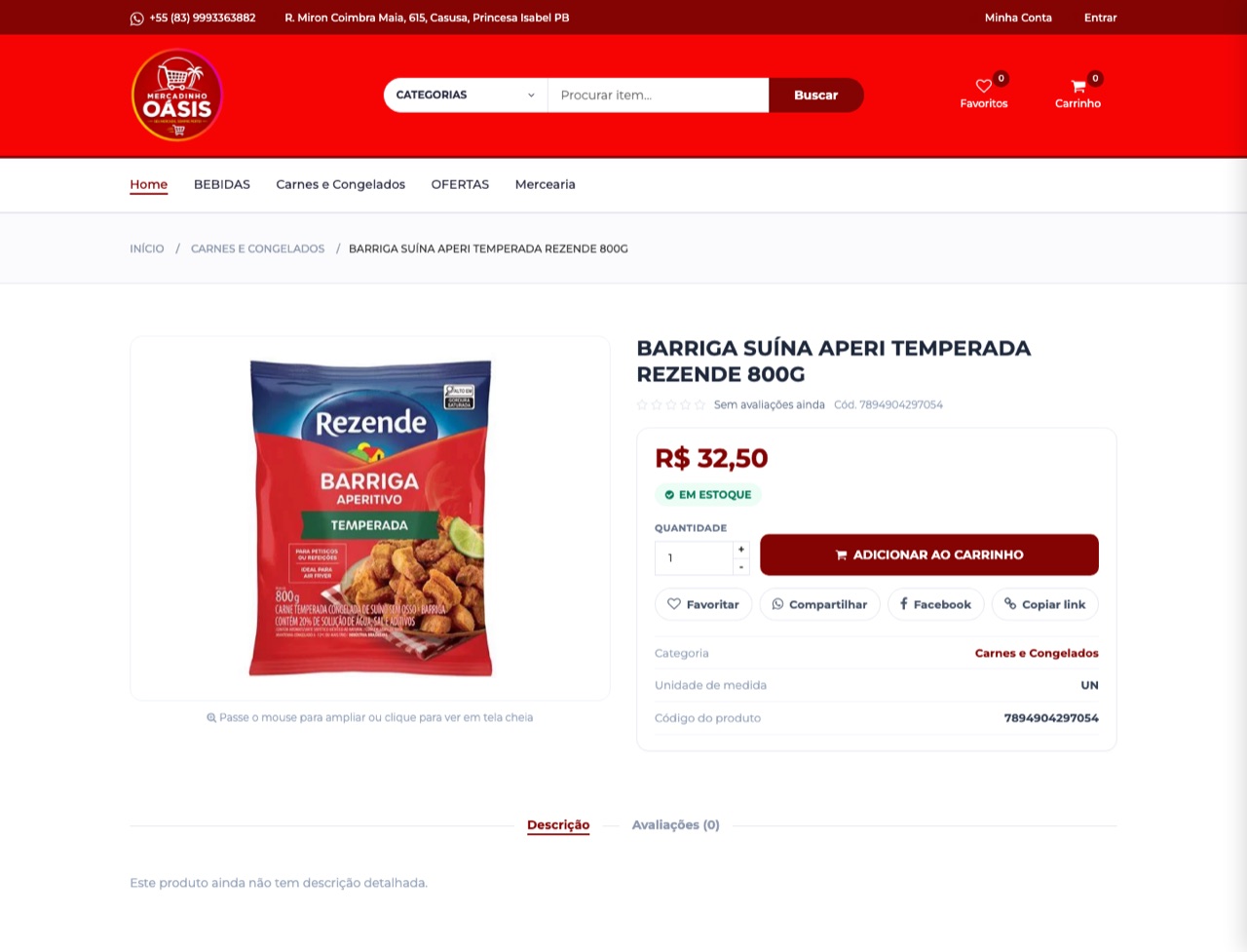 Página de produto com foto, preço, selo de em estoque, quantidade e botão de adicionar ao carrinho